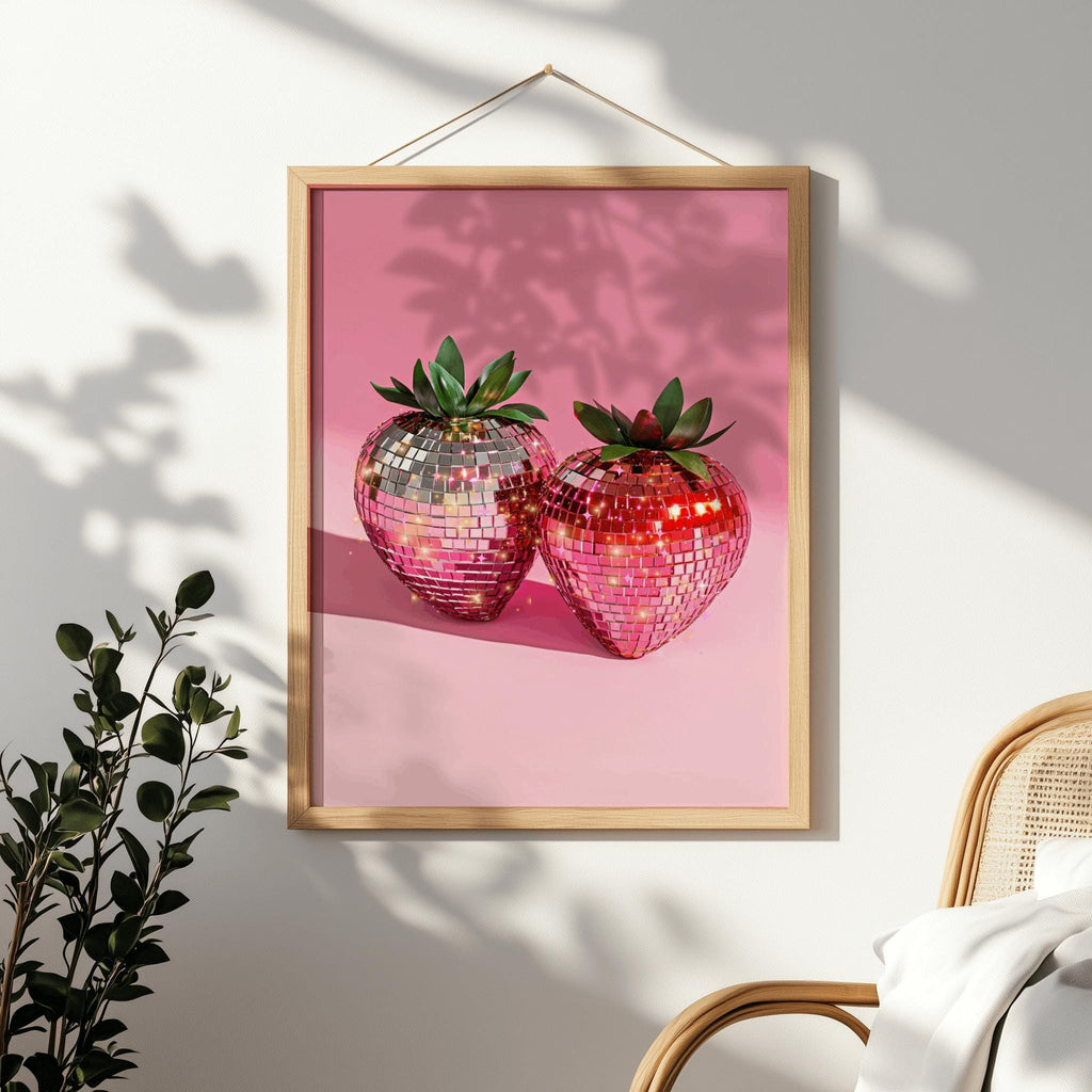 Pink Disco Strawberries Poster – Trendy Glam Kitchen Wall Art (Digital Download)
