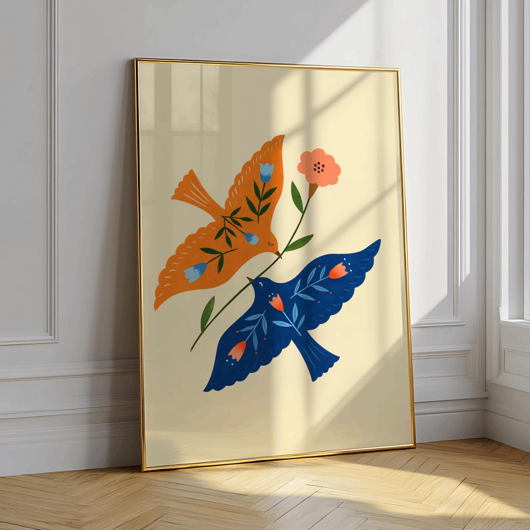 Scandinavian HummingBird Wall Art, Hummingbird Folk Art Print, Nature Folk Print, Scandinavian Decor, Farmhouse Wall Art, Digital Download