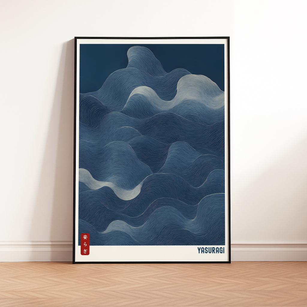 Blue Waves Japandi Art Print – Japanese Wabi Sabi Wall Decor (Digital Download)