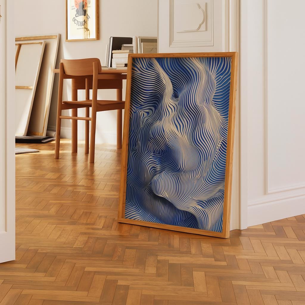 Navy Blue Abstract Line Art Print – Minimalist Fluid Pattern Wall Art (Digital Download)