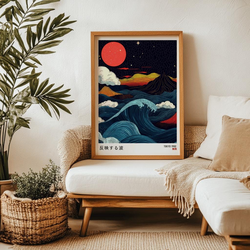 Japanese Wabi Sabi Wave Poster – Red Moon Japanese Wall Art (Digital Download)