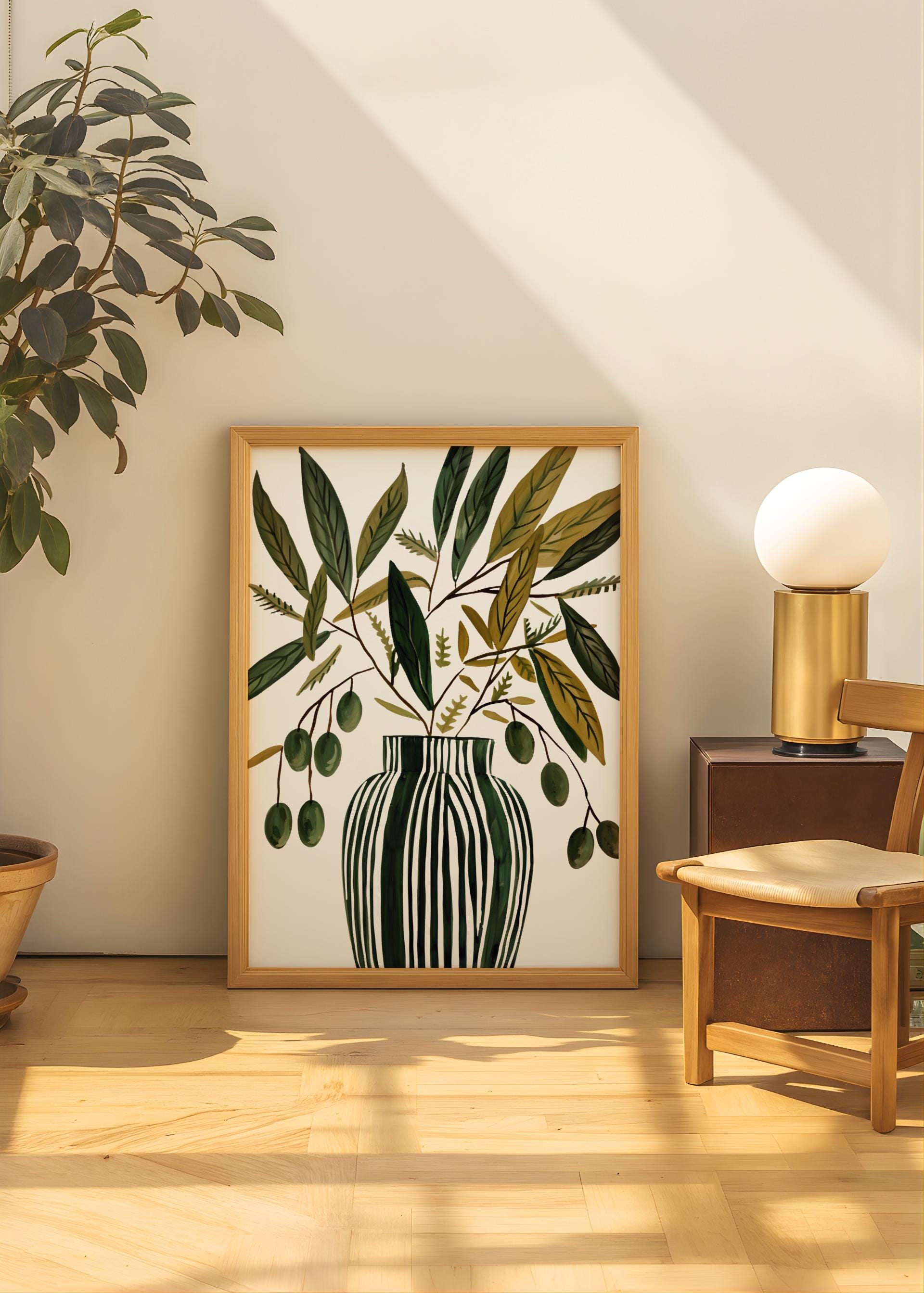 Scandinavian Olive Vase Art Print – Minimal Botanical Still Life Poster (Digital Download)