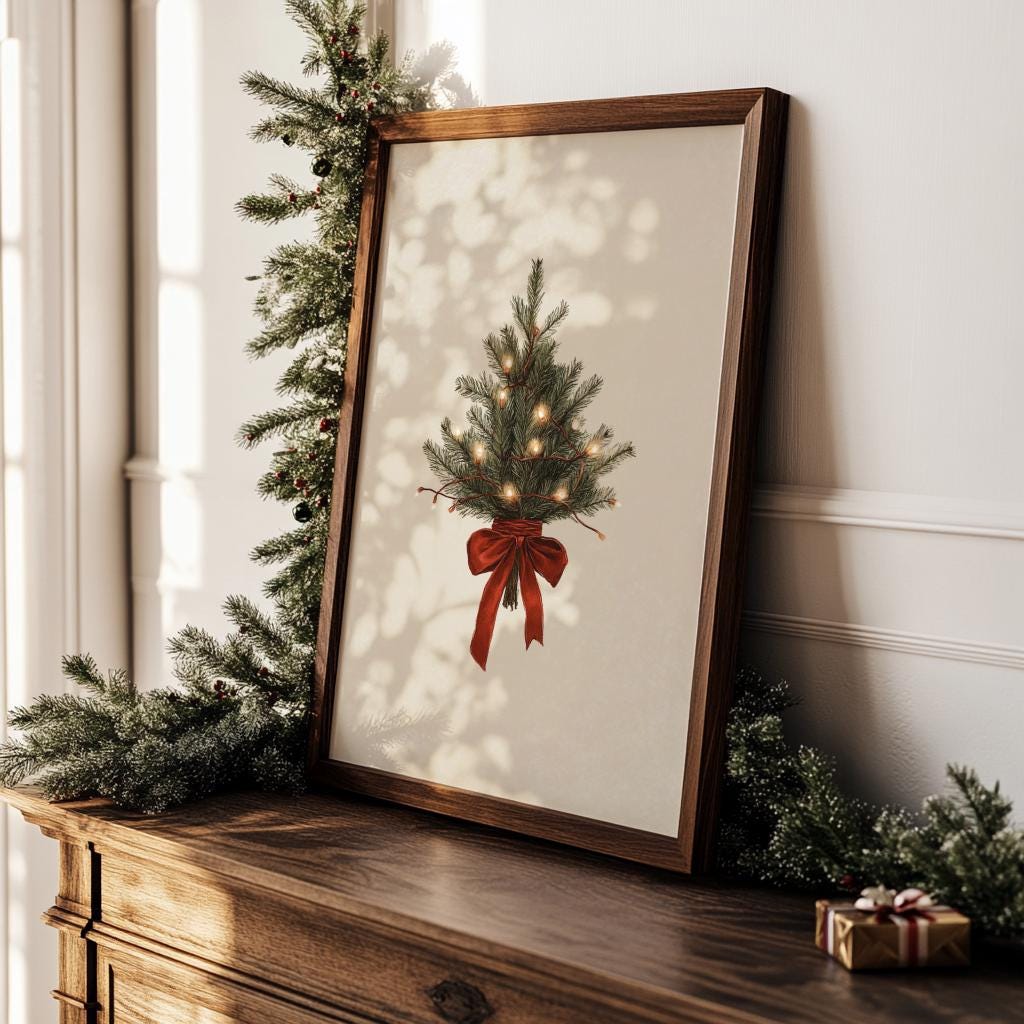 Vintage Christmas Tree Print – Neutral Rustic Holiday Wall Art (Digital Download)