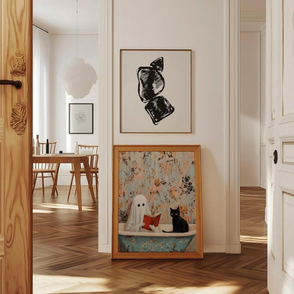 Ghost & Black Cat Bathtub Print – Cozy Spooky Wall Art (Digital Download)