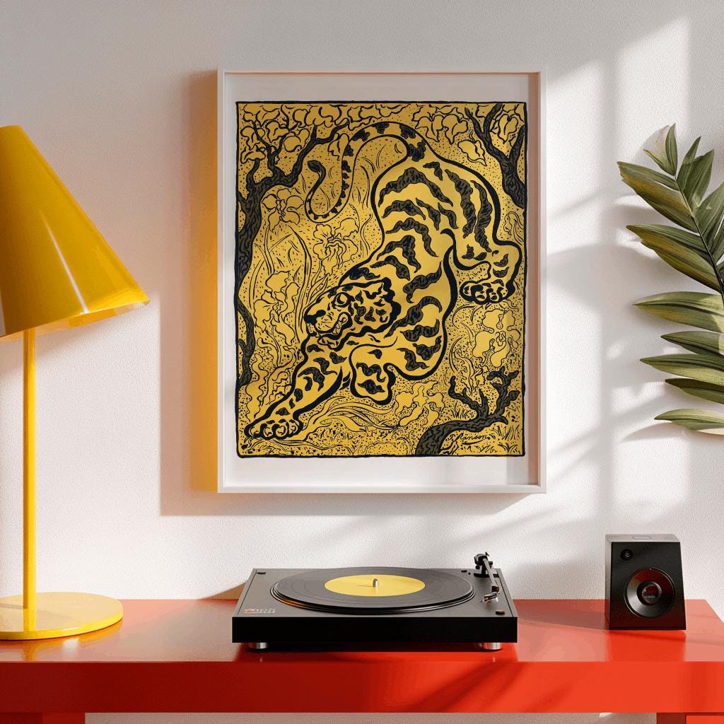 Japanese Tiger Art Print – Minimalist Ink Style Oriental Poster (Digital Download)