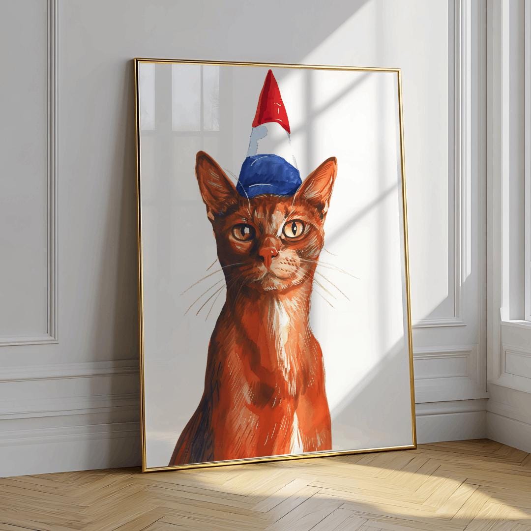 Patriotic Cat Poster – Red White Blue Hat, Americana Pet Art (Digital Download)
