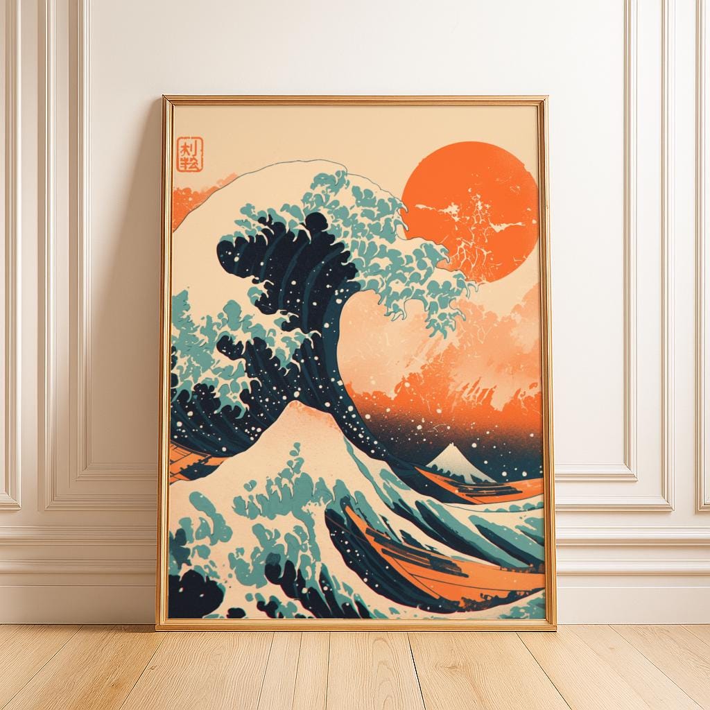 Japanese Wave Art Print – Modern Japandi Wall Decor, Digital Download (PNG/JPG)