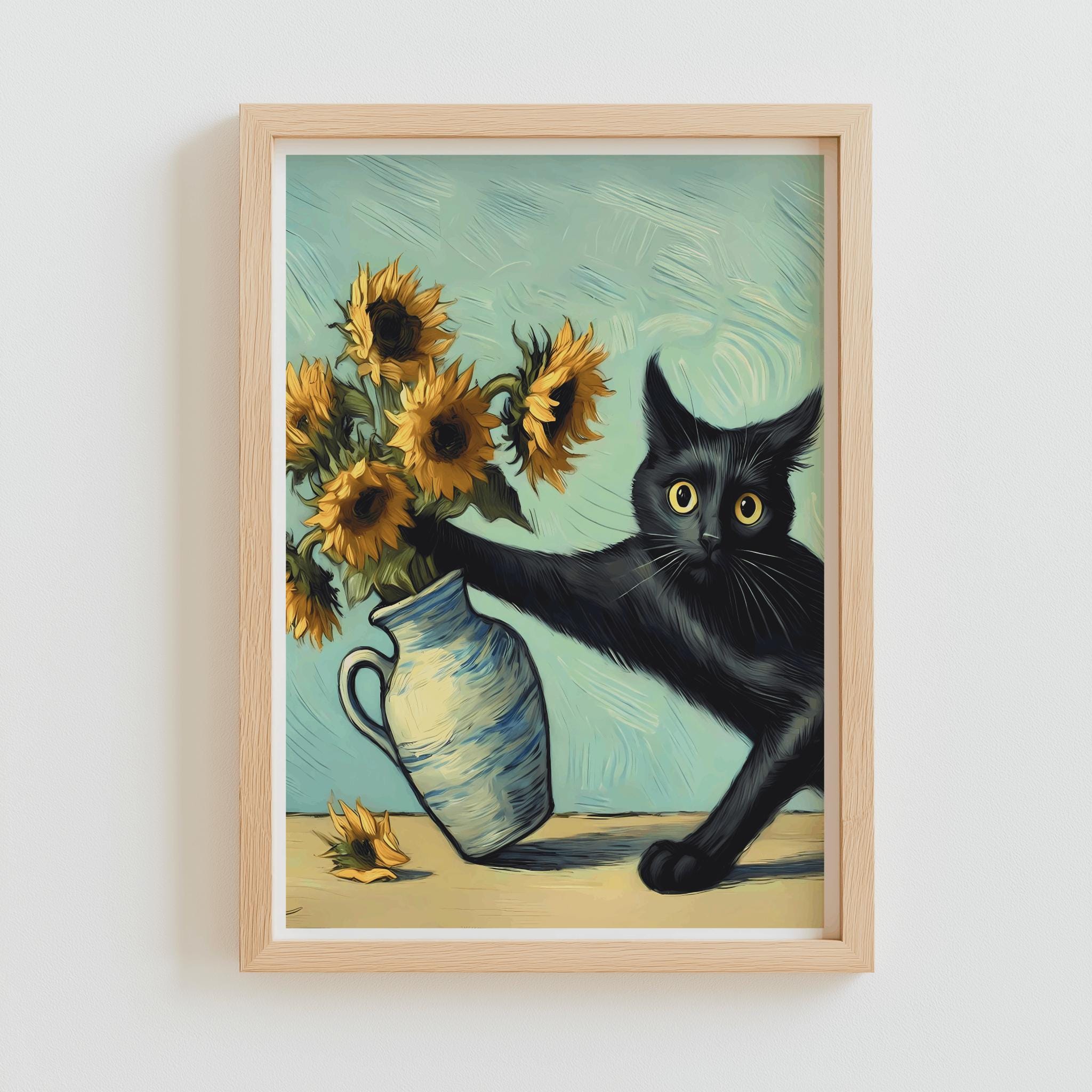 Van Gogh Cat Art Print – Funny Black Cat & Sunflowers Poster (Digital Download)