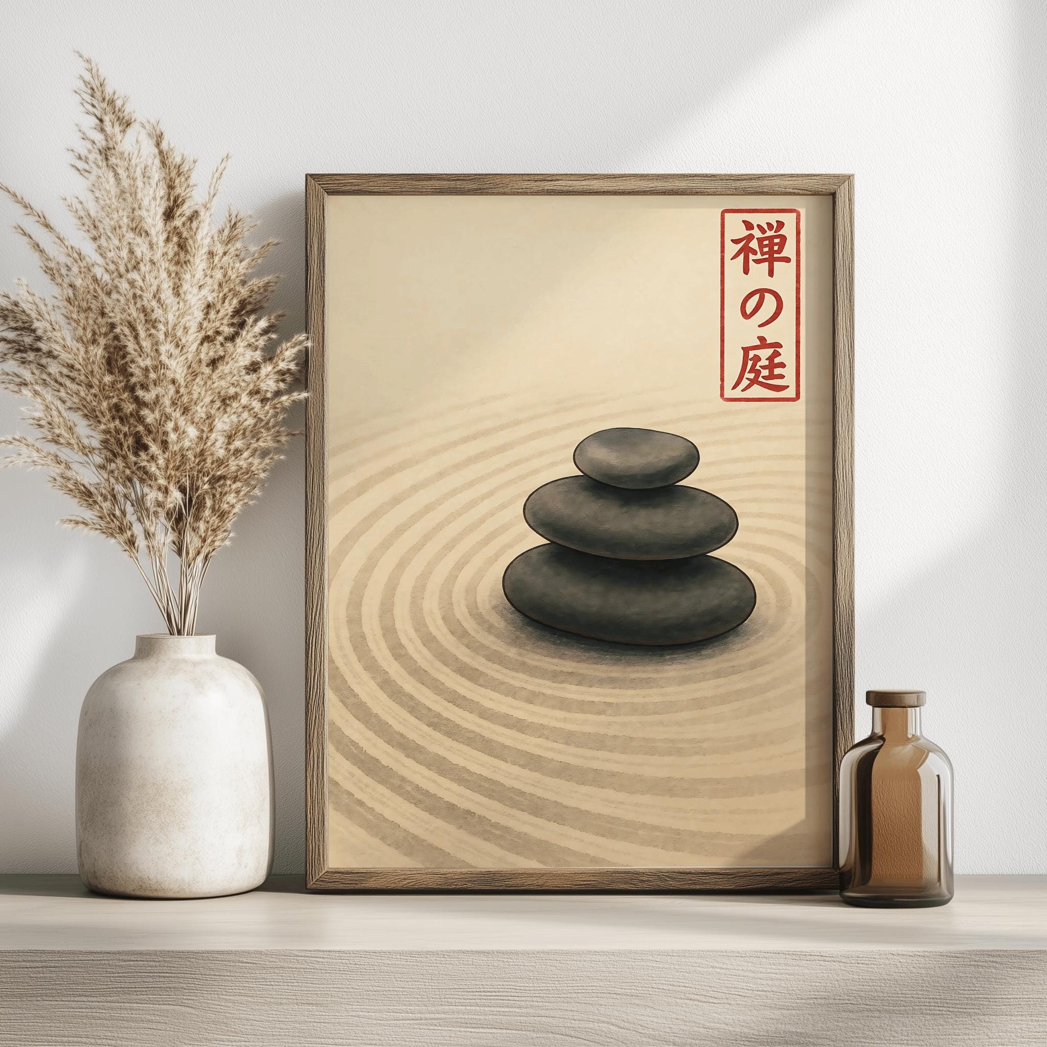 Beige Japandi Zen Stones Poster – Minimal Meditation Wall Art (Digital Download)