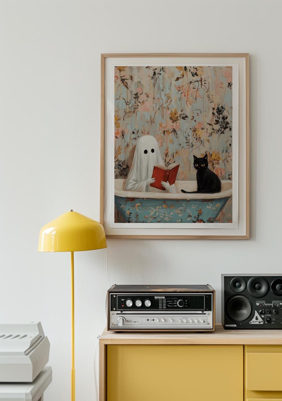 Ghost & Black Cat Bathtub Print – Cozy Spooky Wall Art (Digital Download)