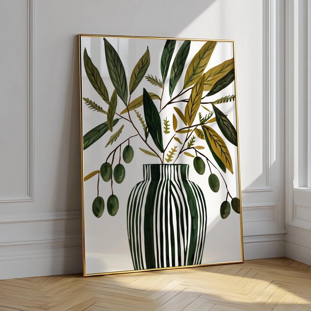 Scandinavian Olive Vase Art Print – Minimal Botanical Still Life Poster (Digital Download)
