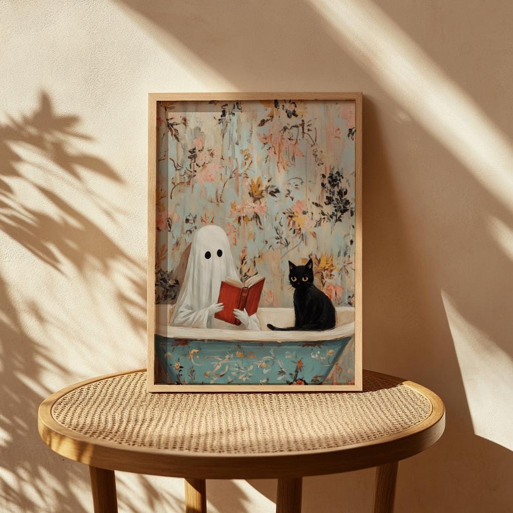 Ghost & Black Cat Bathtub Print – Cozy Spooky Wall Art (Digital Download)