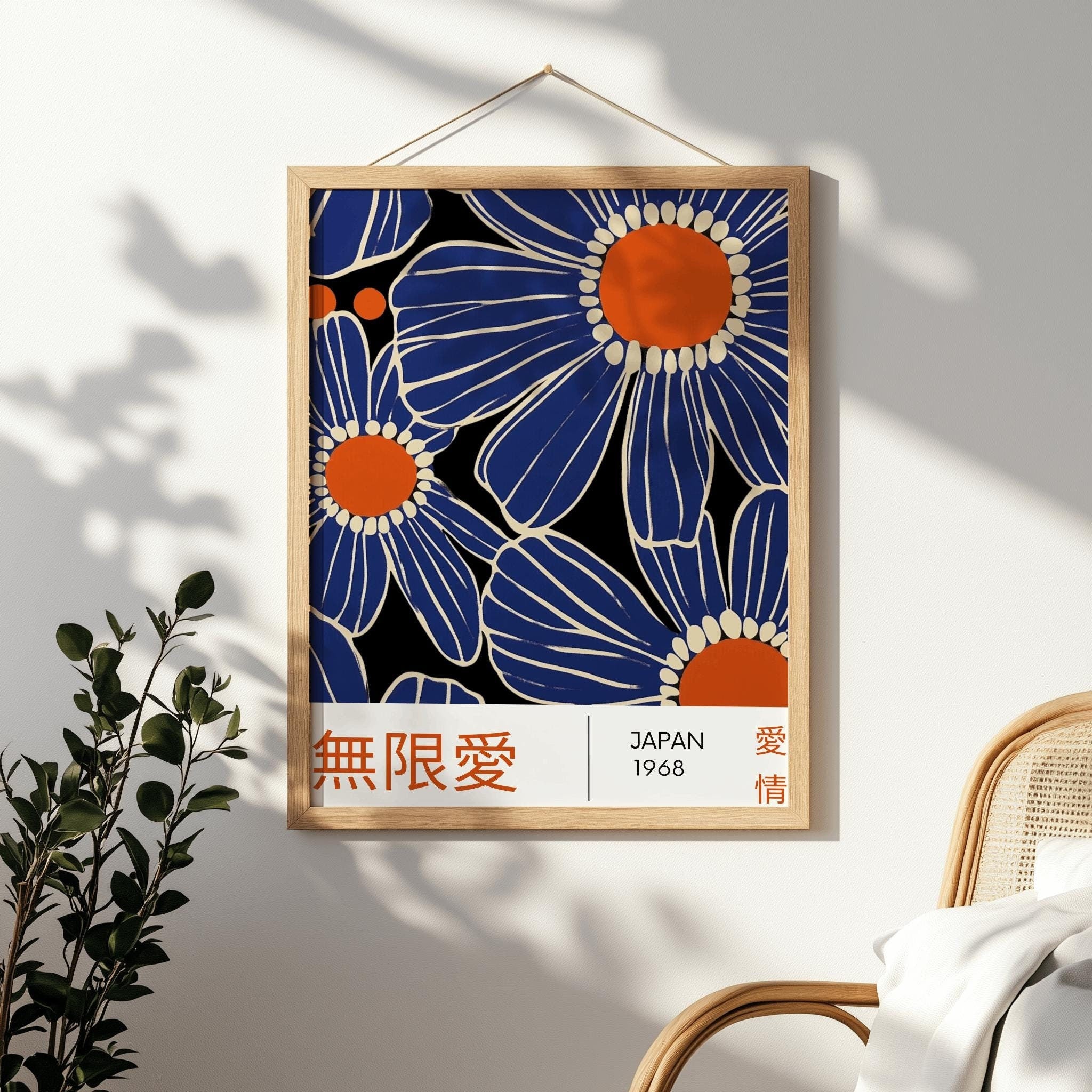 Japanese Blue Flower Poster – Minimal Japandi Floral Art Print (Digital Download)