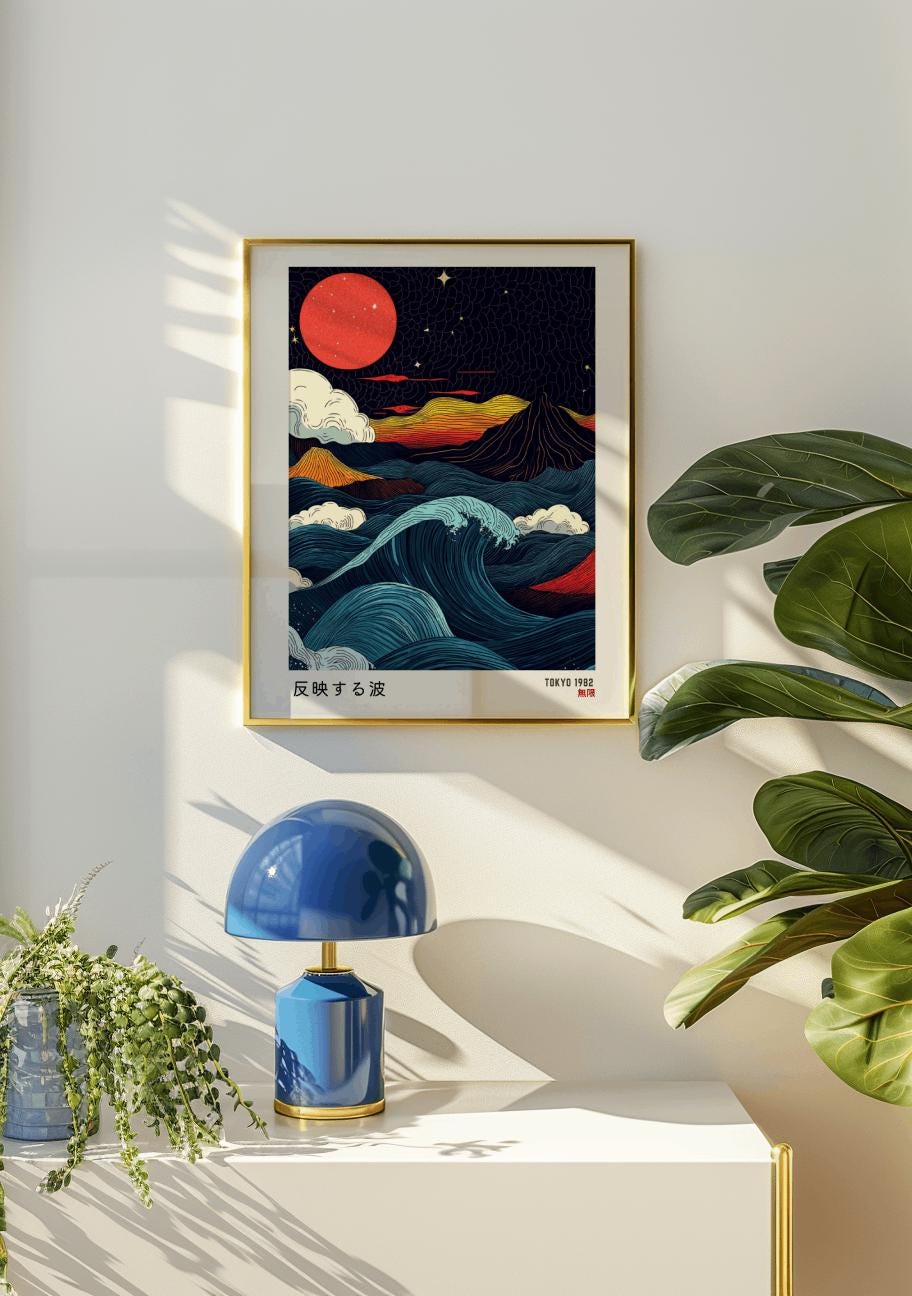 Japanese Wabi Sabi Wave Poster – Red Moon Japanese Wall Art (Digital Download)