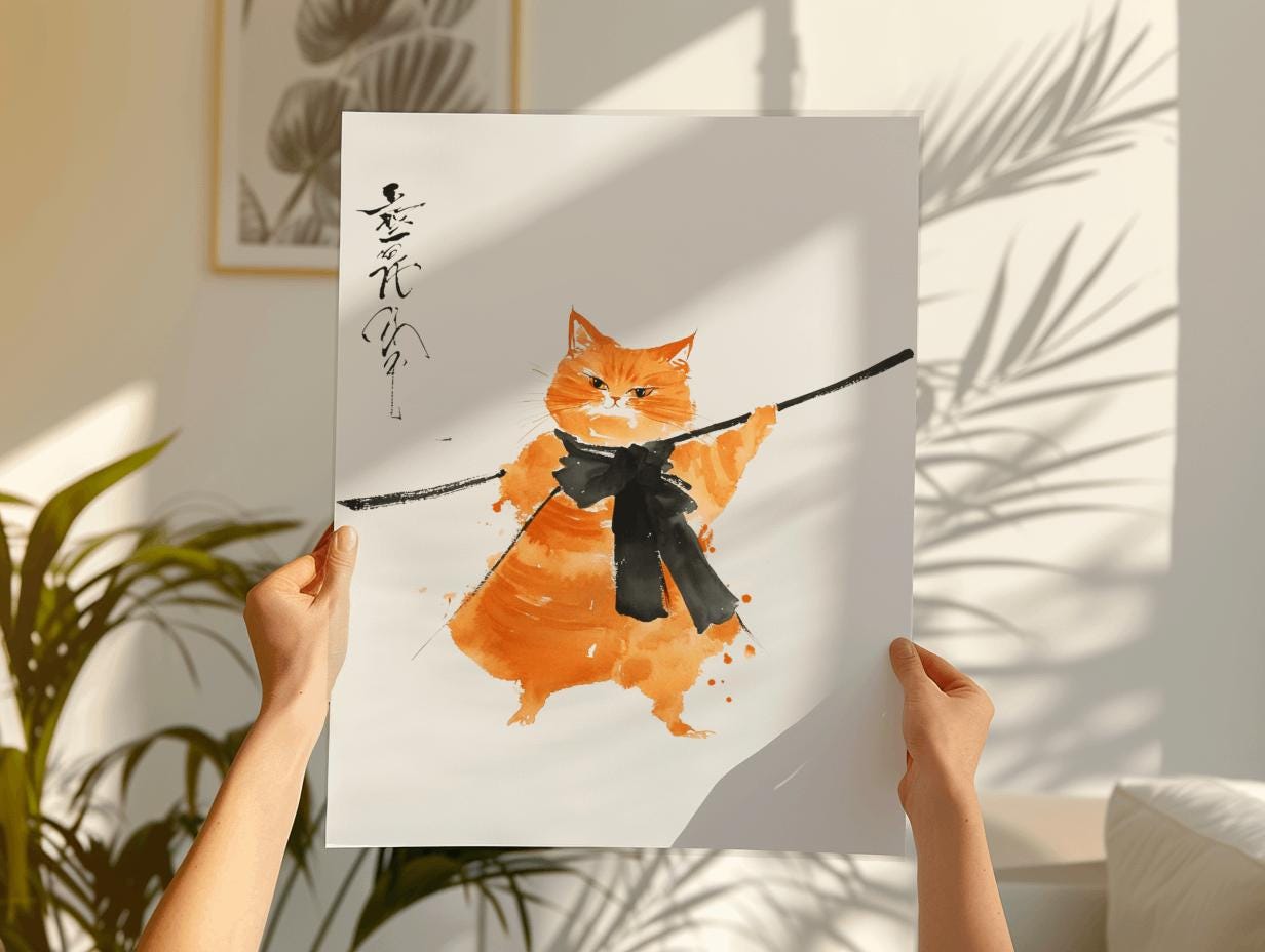 Japanese Samurai Cat Poster – Orange Watercolor Sumi-e Art Print (Digital Download)