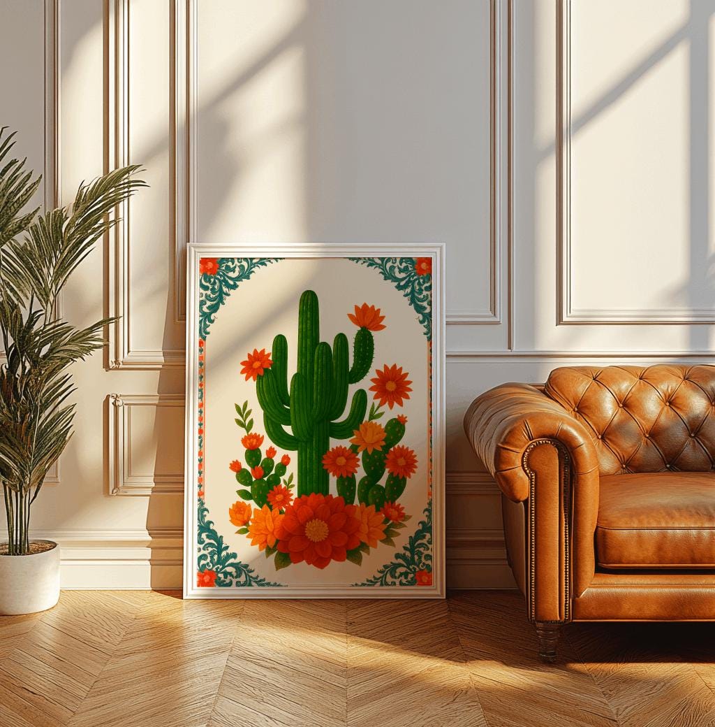 Cactus Folk Art Poster – Southwestern Floral Desert Print (Digital Download)