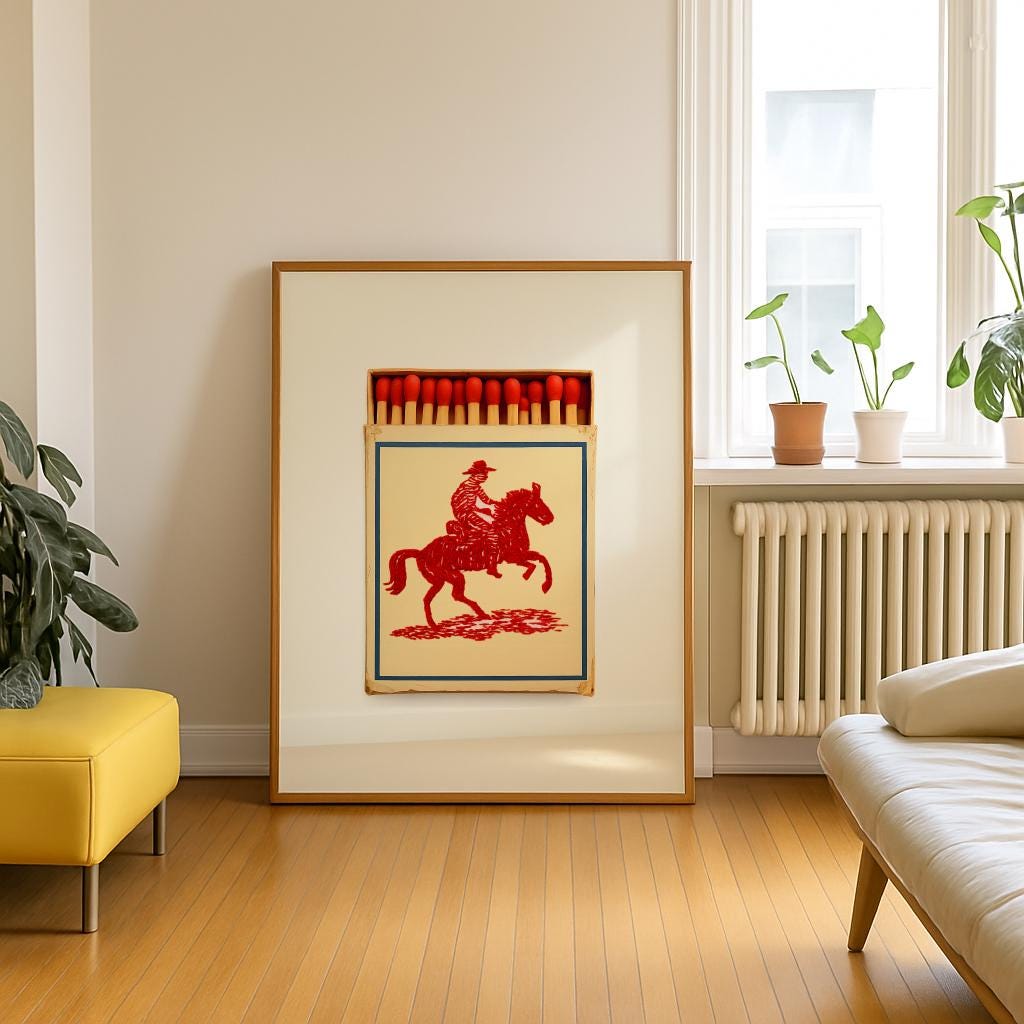 Cowboy Matchbook Poster – Red Rider on Horse, Cobalt Blue Border, Digital Download