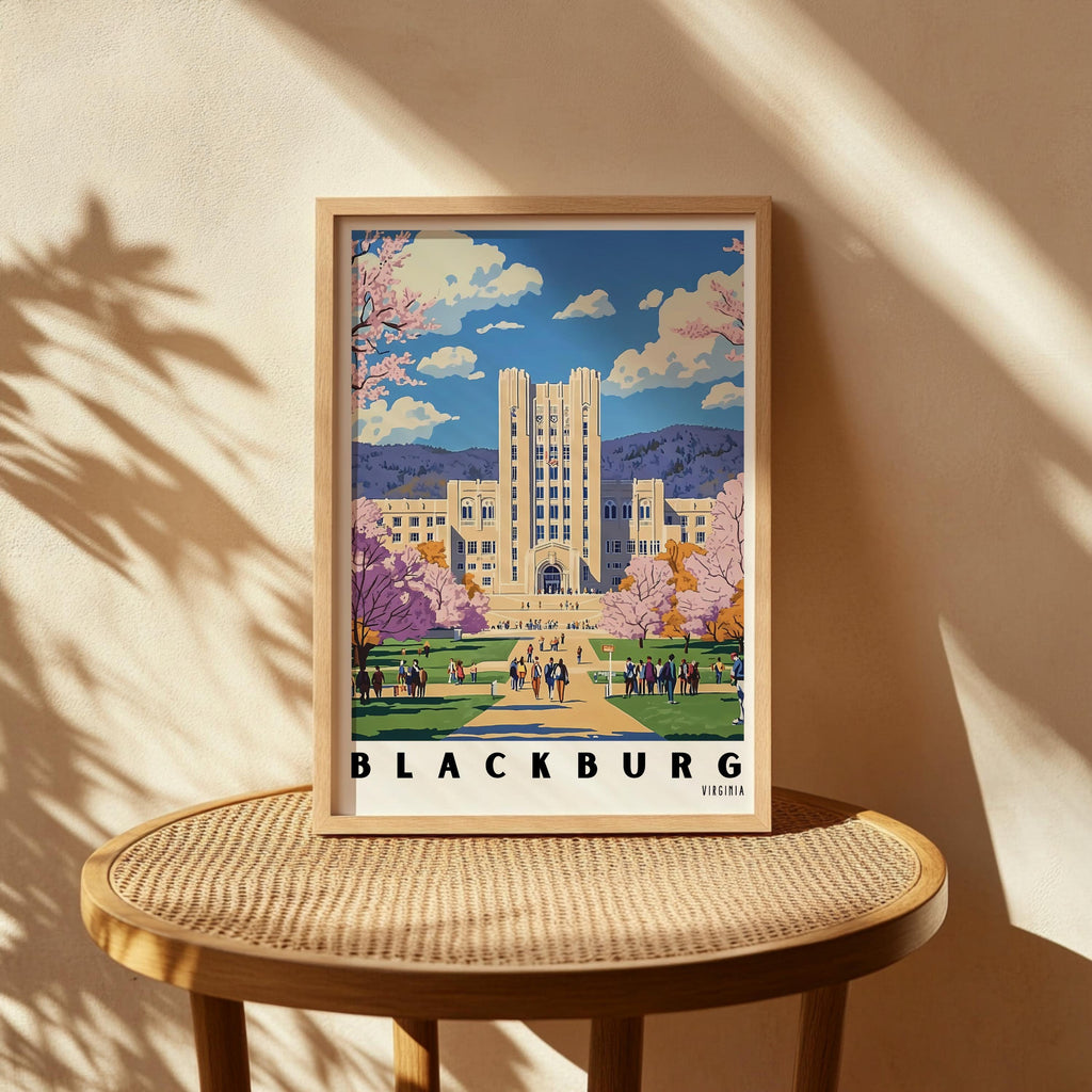 Virginia Tech Campus Art Print – Blacksburg Virginia Travel Poster (Digital Download)