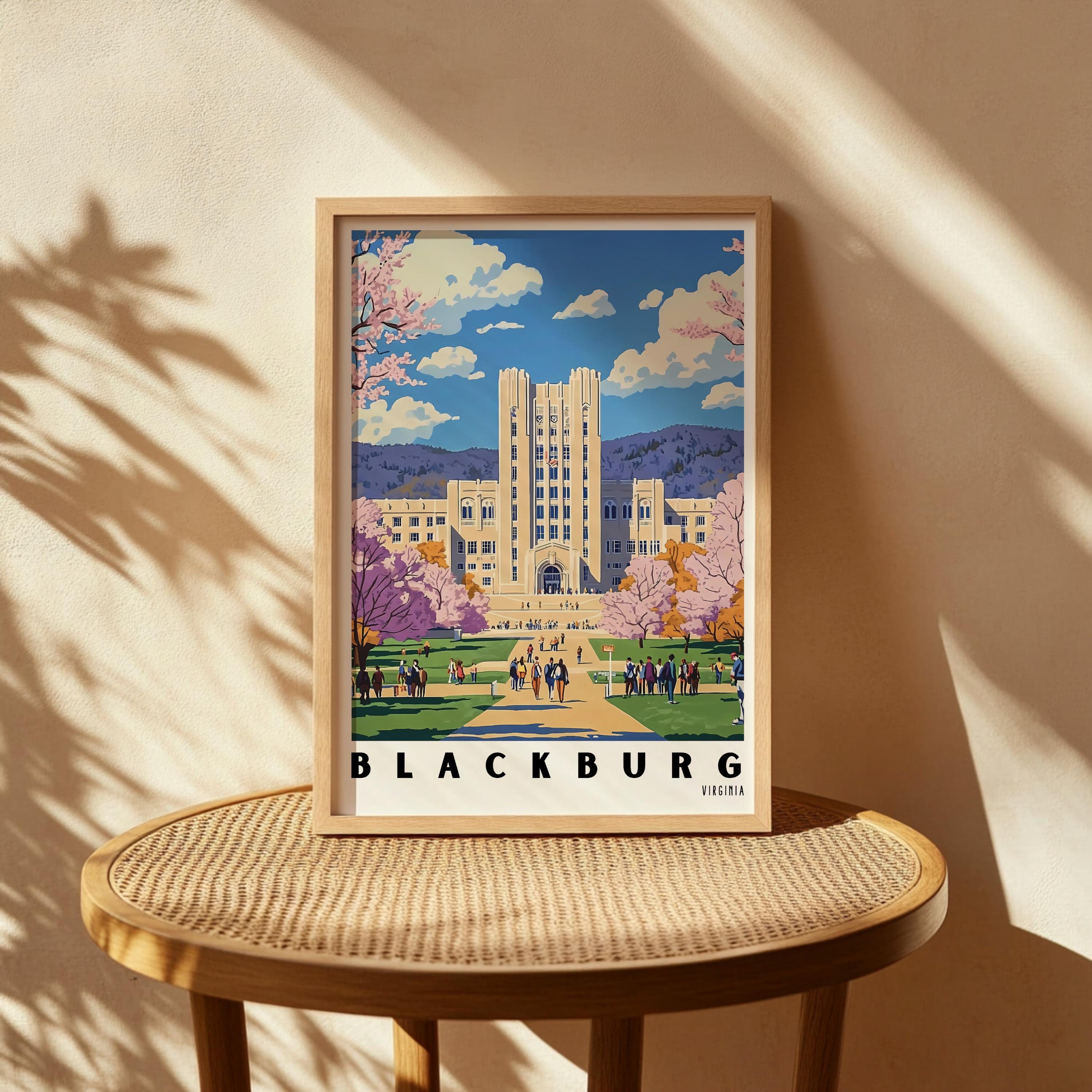 Virginia Tech Campus Art Print – Blacksburg Virginia Travel Poster (Digital Download)