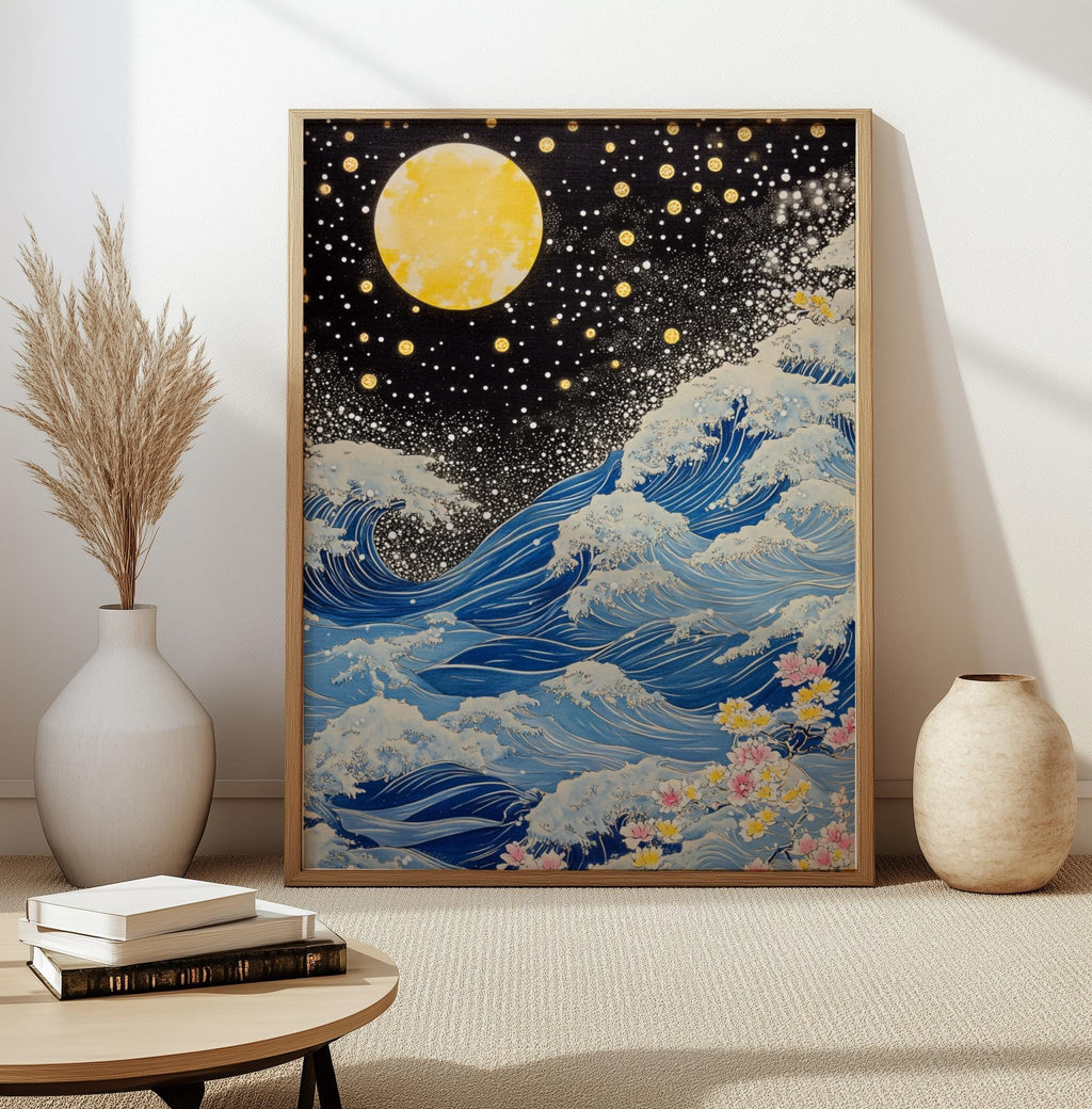Blue Waves Japandi Wall Art Print, Navy Blue and Gold Japanese Poster (Digital Download)