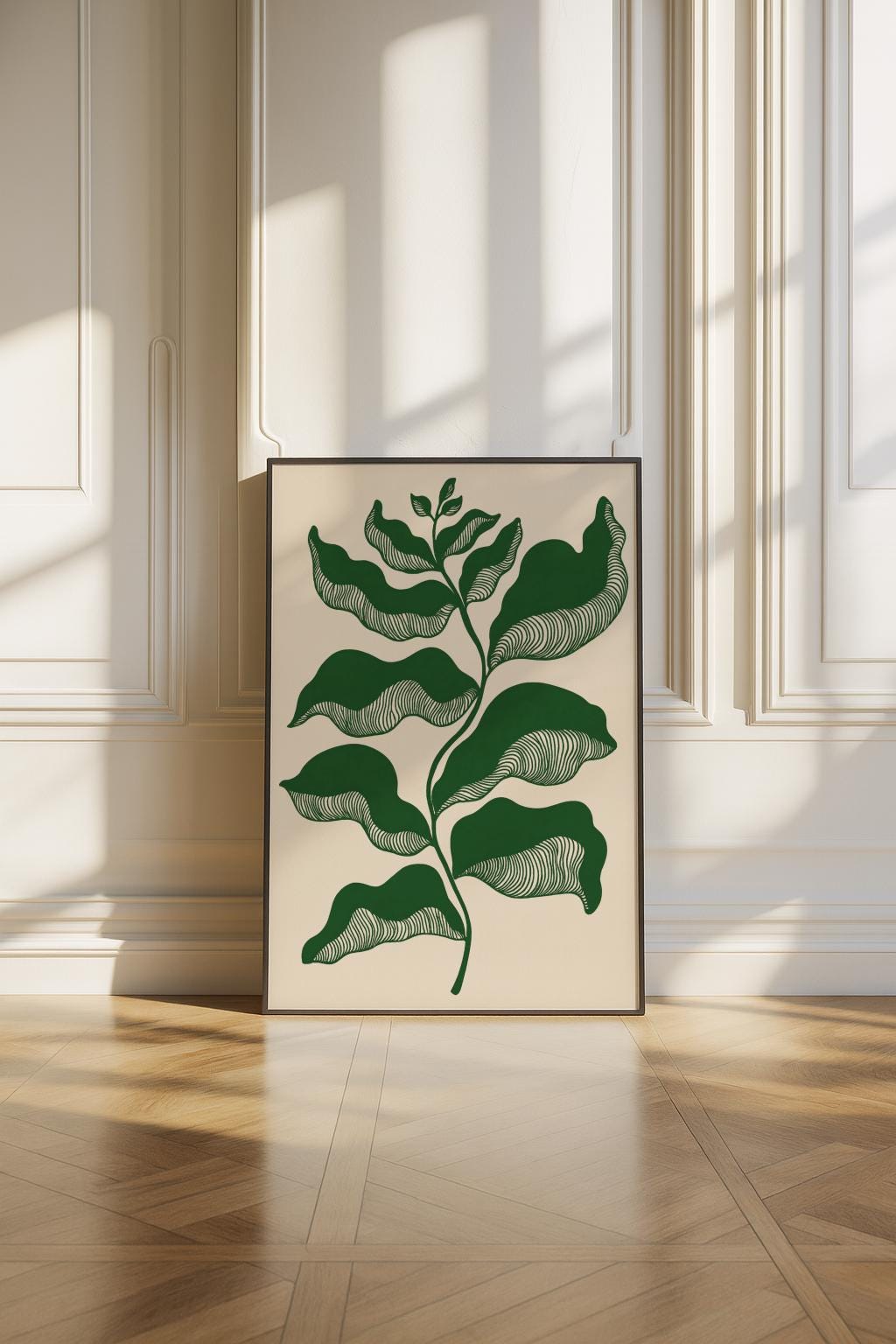 Sage Green Botanical Poster – Minimalist Japandi Leaf Wall Art (Digital Download)