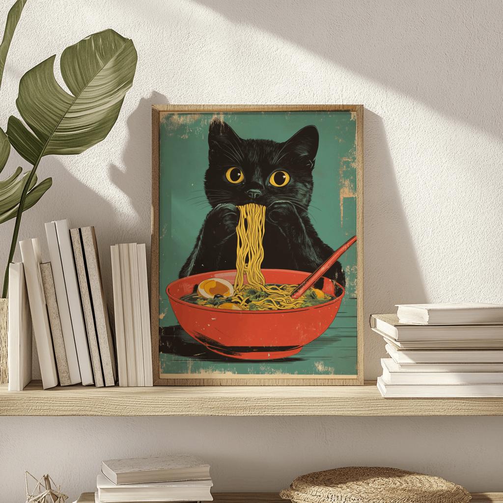 Cat Ramen Poster – Retro Japanese Kitchen Art Print | Digital Download