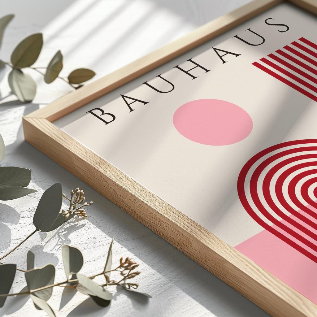 Pink Bauhaus Art Print – Retro Geometric Exhibition Poster (Digital Download)