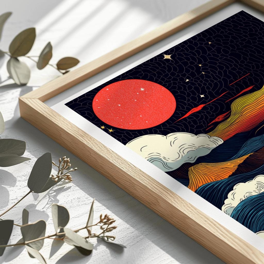 Japanese Wabi Sabi Wave Poster – Red Moon Japanese Wall Art (Digital Download)