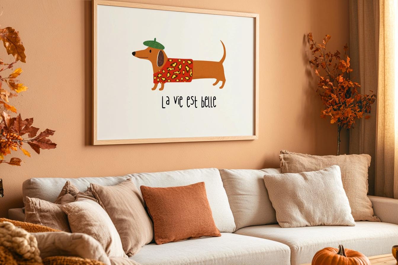 La Vie Est Belle Dachshund Poster – Cute French Dog Wall Art (Digital Download)