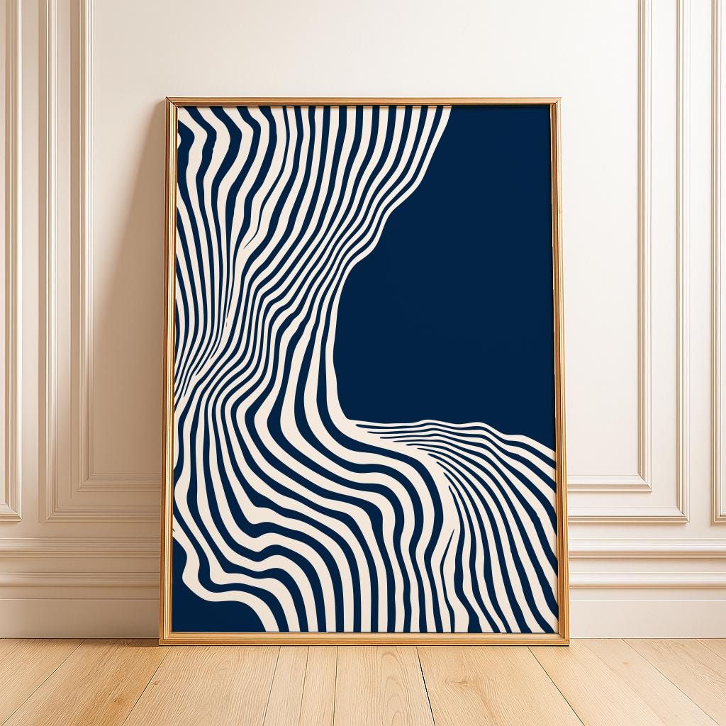 Blue Mid-Century Abstract Art Print – Modern Wavy Line Poster | Digital Download