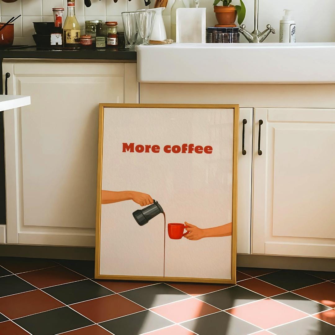 More Coffee Poster – Italian Moka Pot Wall Art, Retro Kitchen Print (Digital Download)