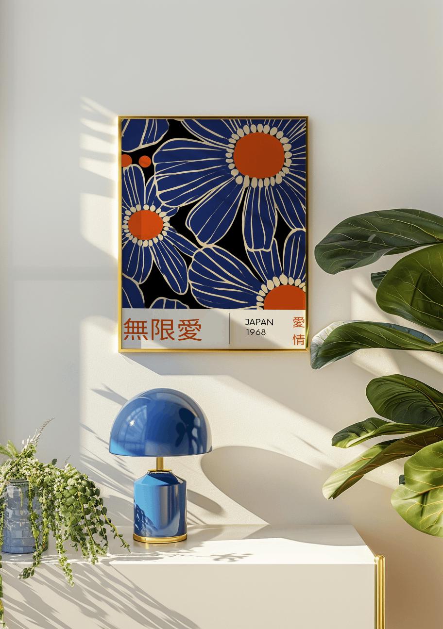 Japanese Blue Flower Poster – Minimal Japandi Floral Art Print (Digital Download)