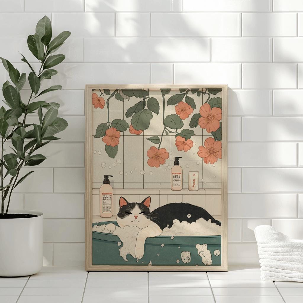 Black Cat in Bathtub Poster – Japanese Minimalist Bathroom Wall Art, Cute Retro Cat Print, Digital Download