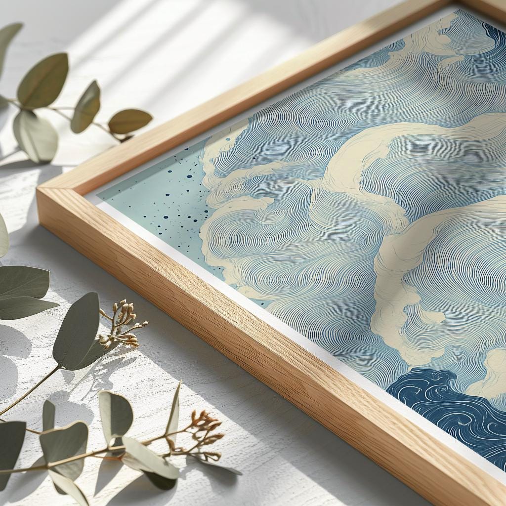 Blue Waves Japandi Art Print – Wabi Sabi Japanese Wall Poster (Digital Download)
