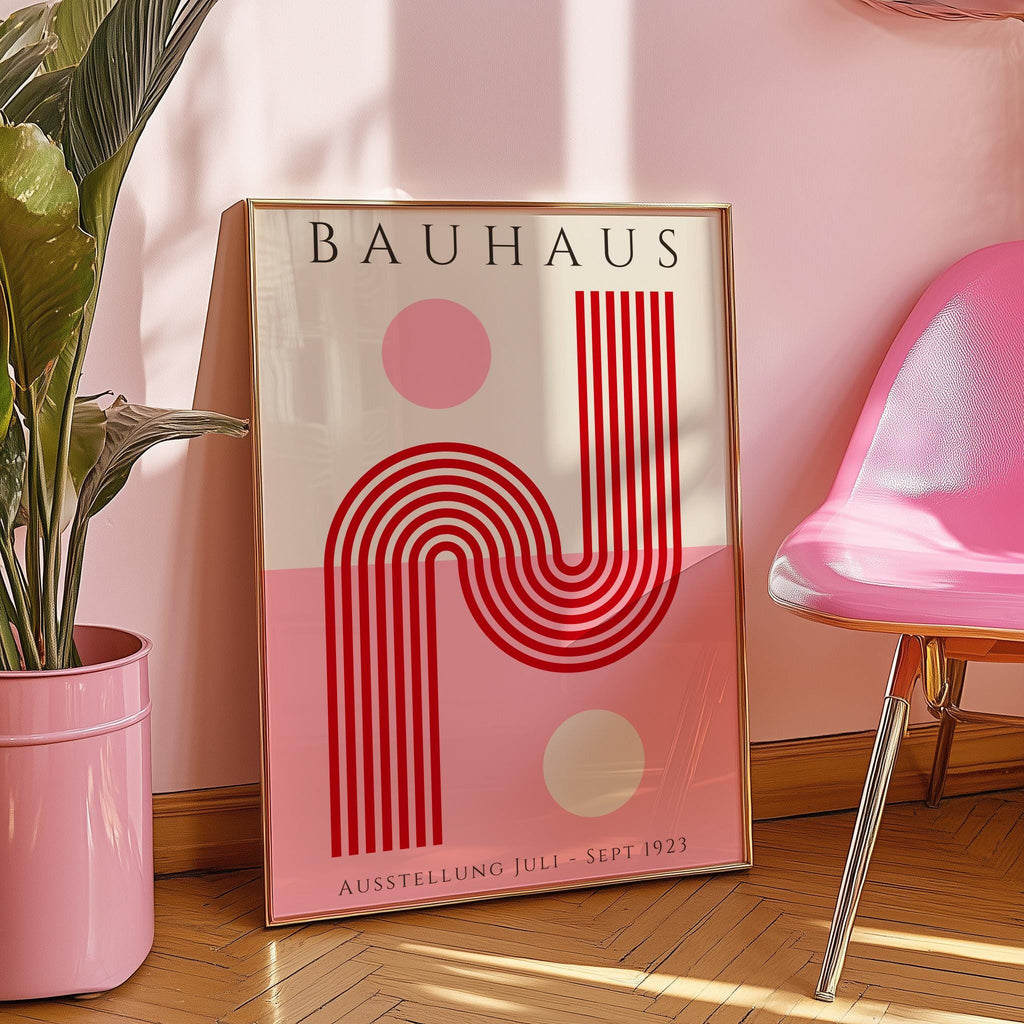 Pink Bauhaus Art Print – Retro Geometric Exhibition Poster (Digital Download)
