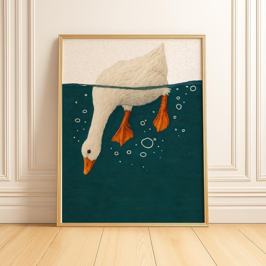 Whimsical Duck Underwater Art Print – Cute Bird Illustration, Nature Wall Decor (Digital Download)