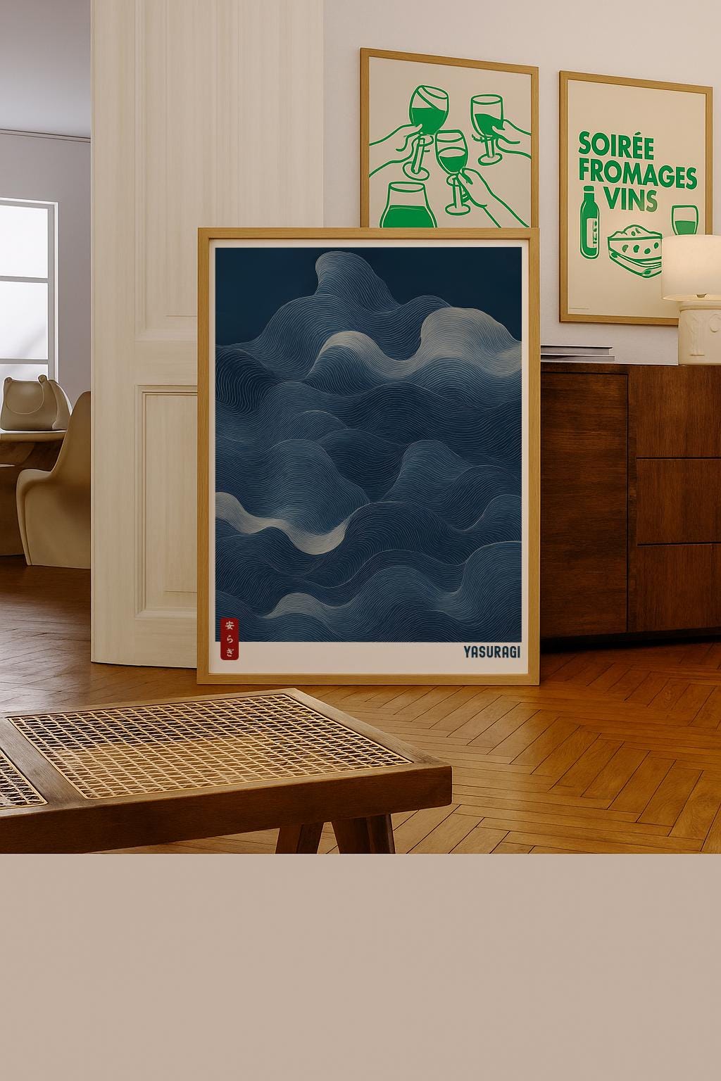 Blue Waves Japandi Art Print – Japanese Wabi Sabi Wall Decor (Digital Download)