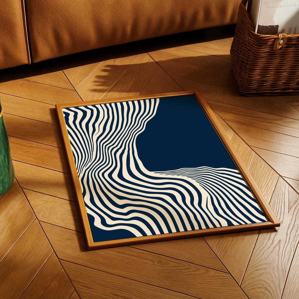 Blue Mid-Century Abstract Art Print – Modern Wavy Line Poster | Digital Download