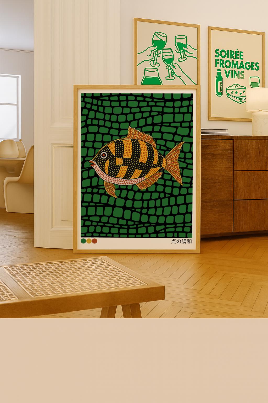 Japandi Goldfish Print – Japanese Dot Art Exhibition Poster (Digital Download)