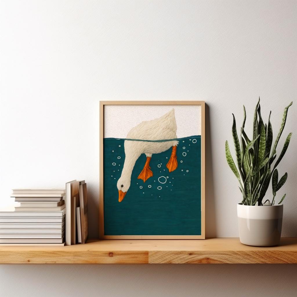 Whimsical Duck Underwater Art Print – Cute Bird Illustration, Nature Wall Decor (Digital Download)