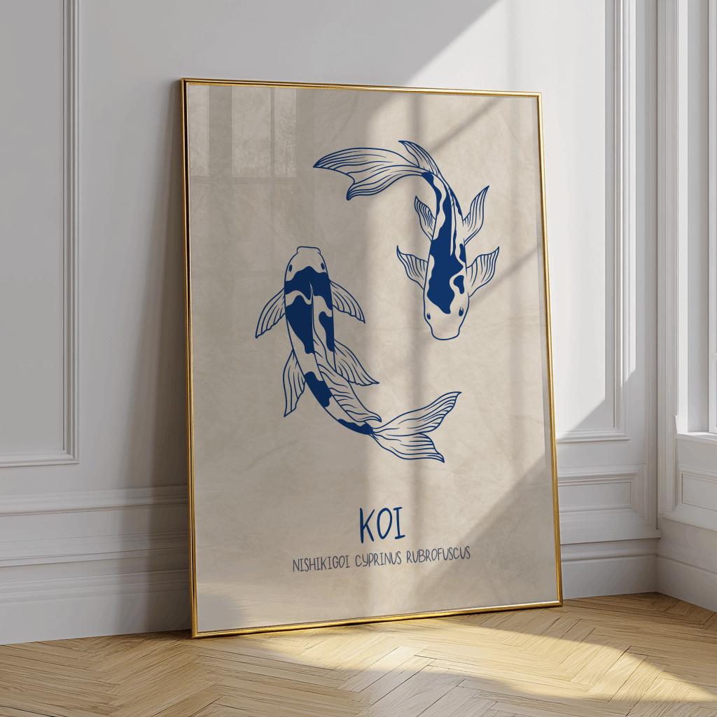 Japanese Koi Fish Art Print – Minimalist Blue Zen Wall Decor (Digital Download)