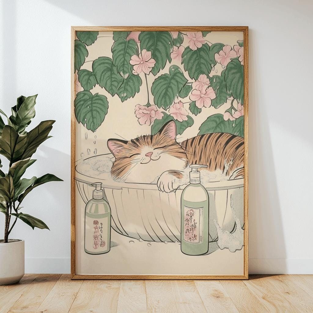 Japanese Cat Bath Poster – Cute Tabby in Bathtub Art Print | Digital Download