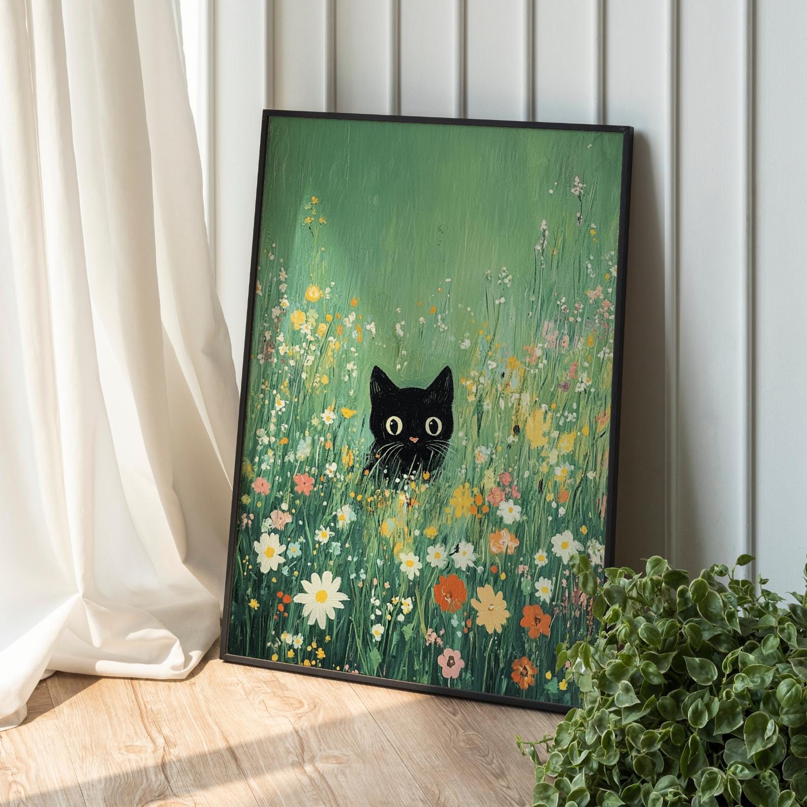 Black Cat in Flower Meadow – Whimsical Garden Art Print (Digital Download)