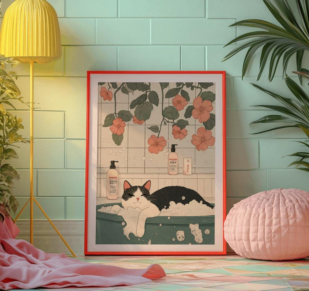 Black Cat in Bathtub Poster – Japanese Minimalist Bathroom Wall Art, Cute Retro Cat Print, Digital Download