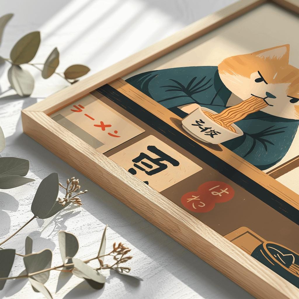 Retro Japanese Cat Ramen Print – Quirky Kitchen Wall Art (Digital Download)