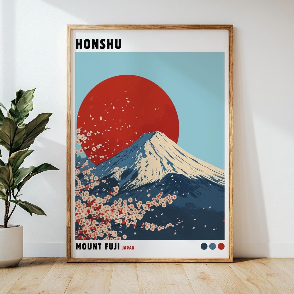 Mount Fuji Wall Art, Honshu Japan Poster, Japanese Landscape Print, Cherry Blossom Decor, Japandi Wall Art