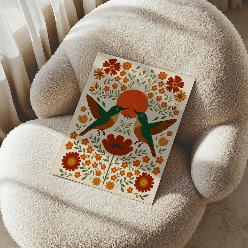 Scandinavian Folk Hummingbird Poster – Nordic Nature Wall Art | Digital Download