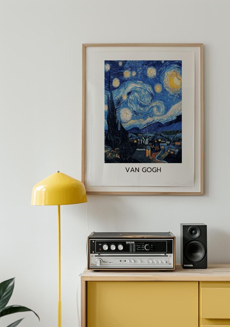 Starry Night Inspired Print – Van Gogh Style Wall Art, Blue Night Landscape (Digital Download)