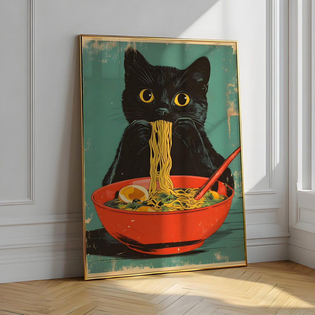 Cat Ramen Poster – Retro Japanese Kitchen Art Print | Digital Download