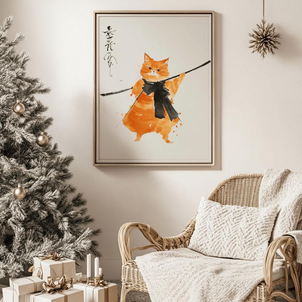 Japanese Samurai Cat Poster – Orange Watercolor Sumi-e Art Print (Digital Download)